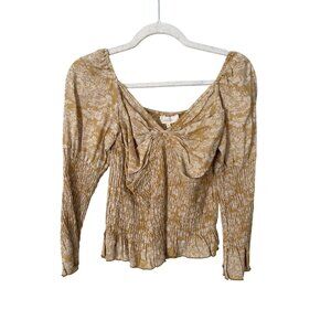 Fanco Blouse Size Medium Floral V Neck Long Sleeve Smocked Top Yellow White Boho